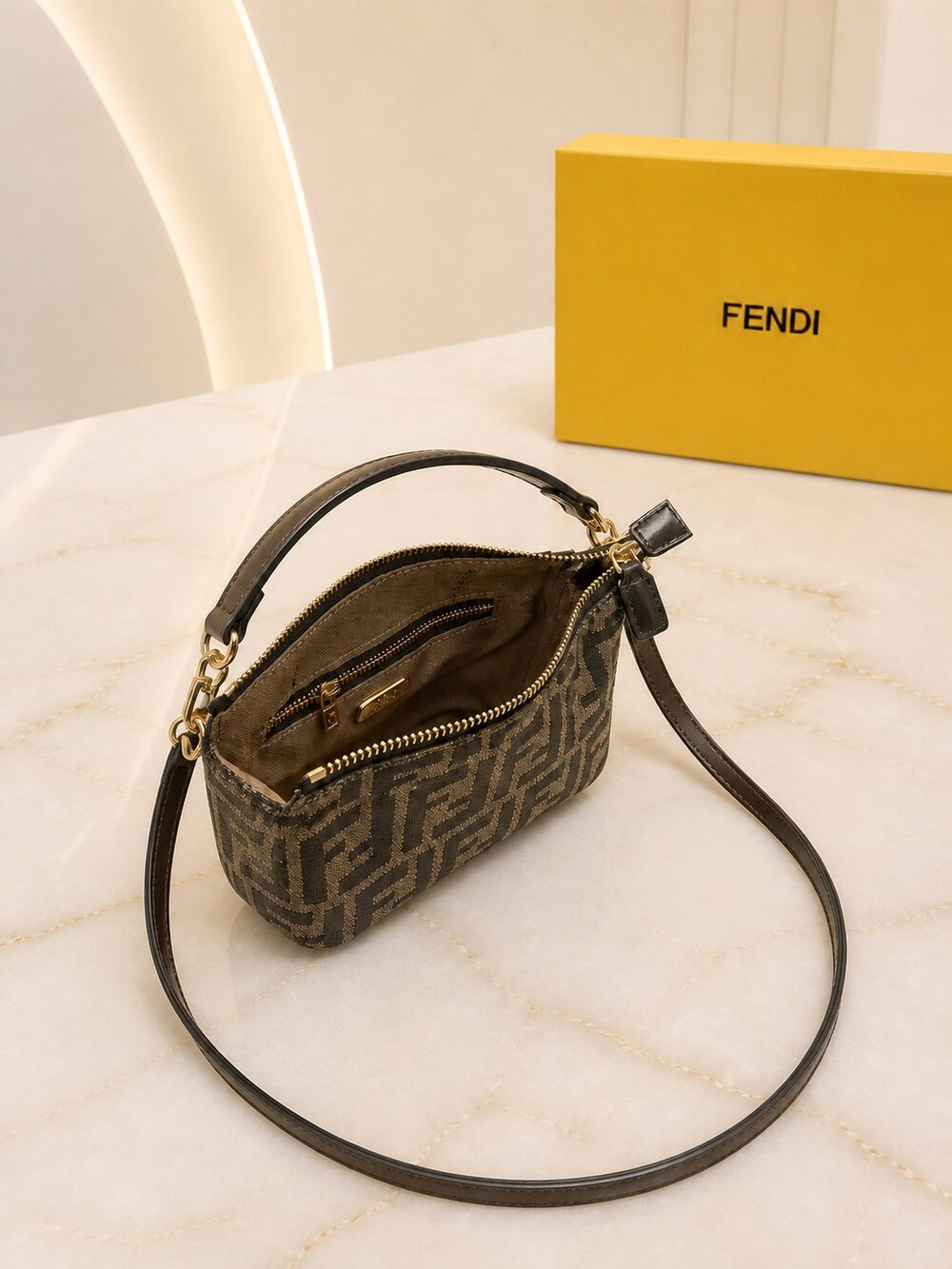 Fendi Mini Roll Carryall in Brown Jacquard with Calfskin Details - Picture 4 of 5